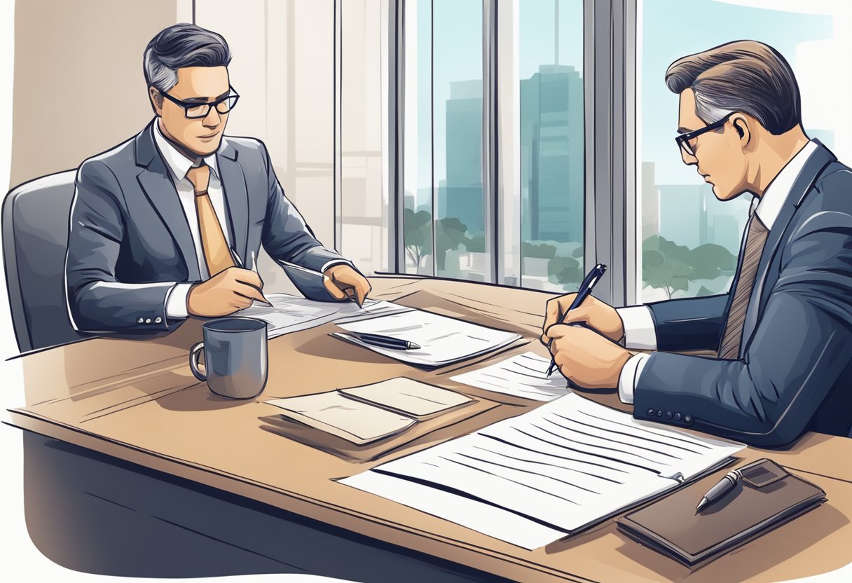 A businessman signing a loan agreement with a bank representative. Documents and a pen on a desk