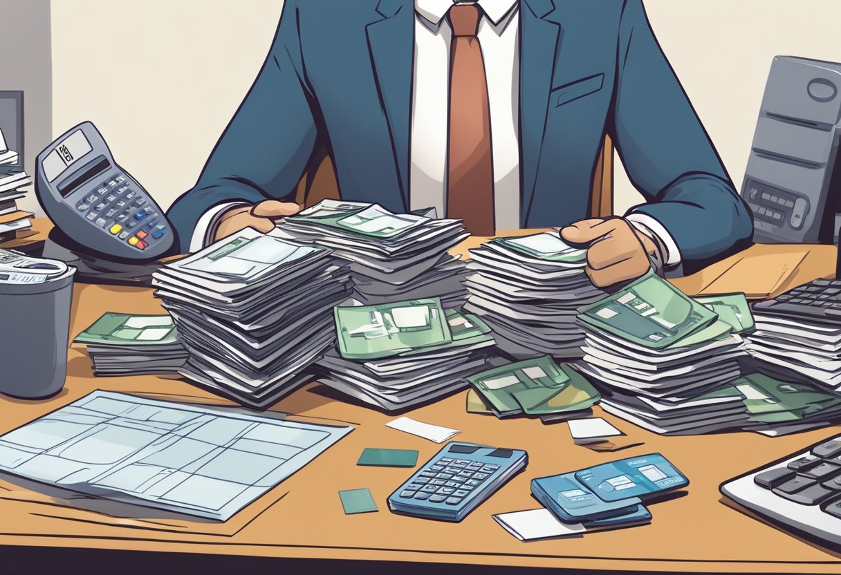 A stack of bills and credit cards on a cluttered desk, with a calculator and a worried expression on a faceless figure in the background