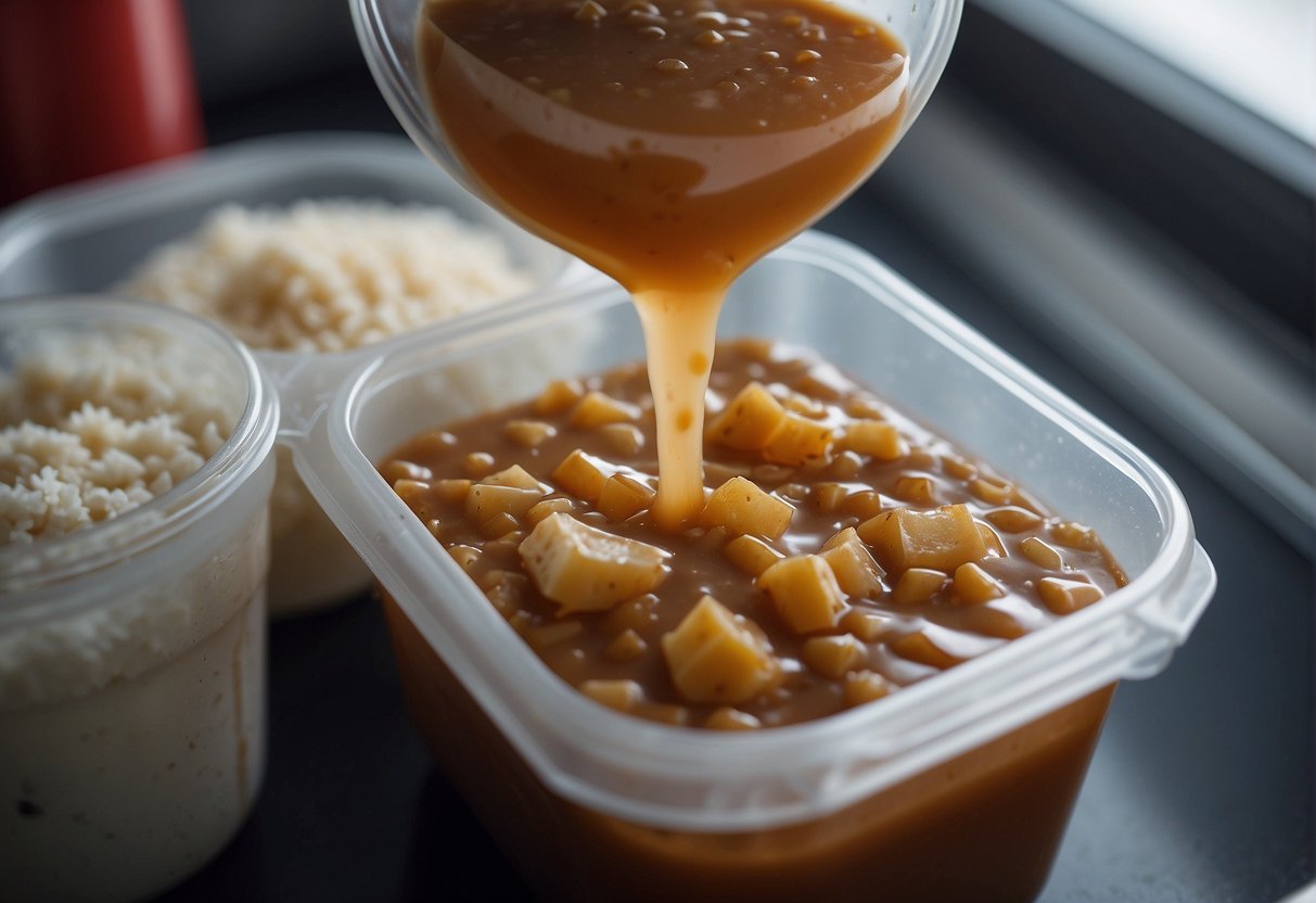 A container of Jollibee gravy sits in the freezer, with ice crystals forming on the surface. Another container of gravy is being poured endlessly, symbolizing unlimited supply