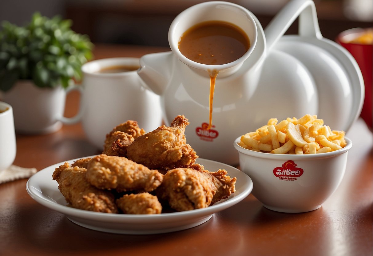 Jollibee logo with a gravy boat pouring gravy onto a plate of fried chicken