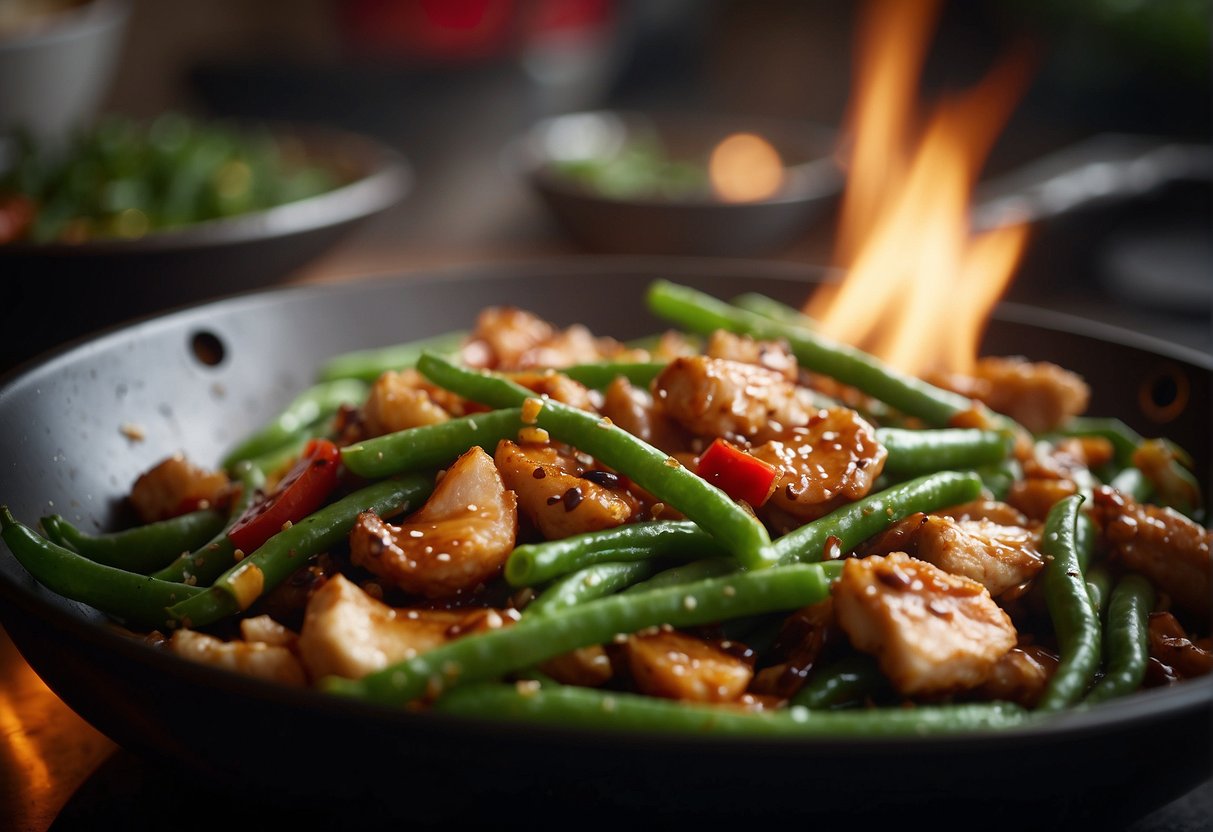 A wok sizzles as string beans and chicken are stir-fried in a savory sauce at Panda Express
