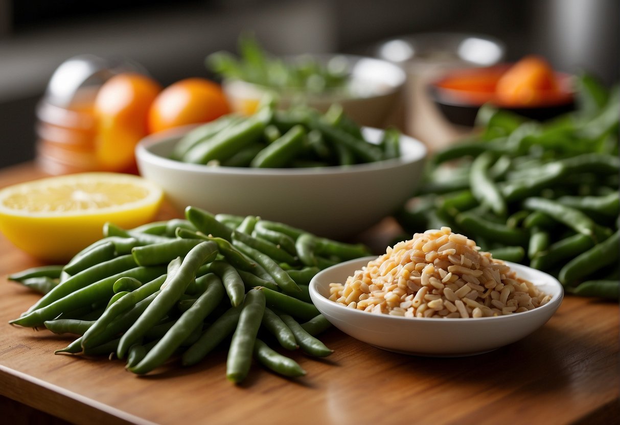 String beans, diced chicken, and seasonings displayed on a clean kitchen counter