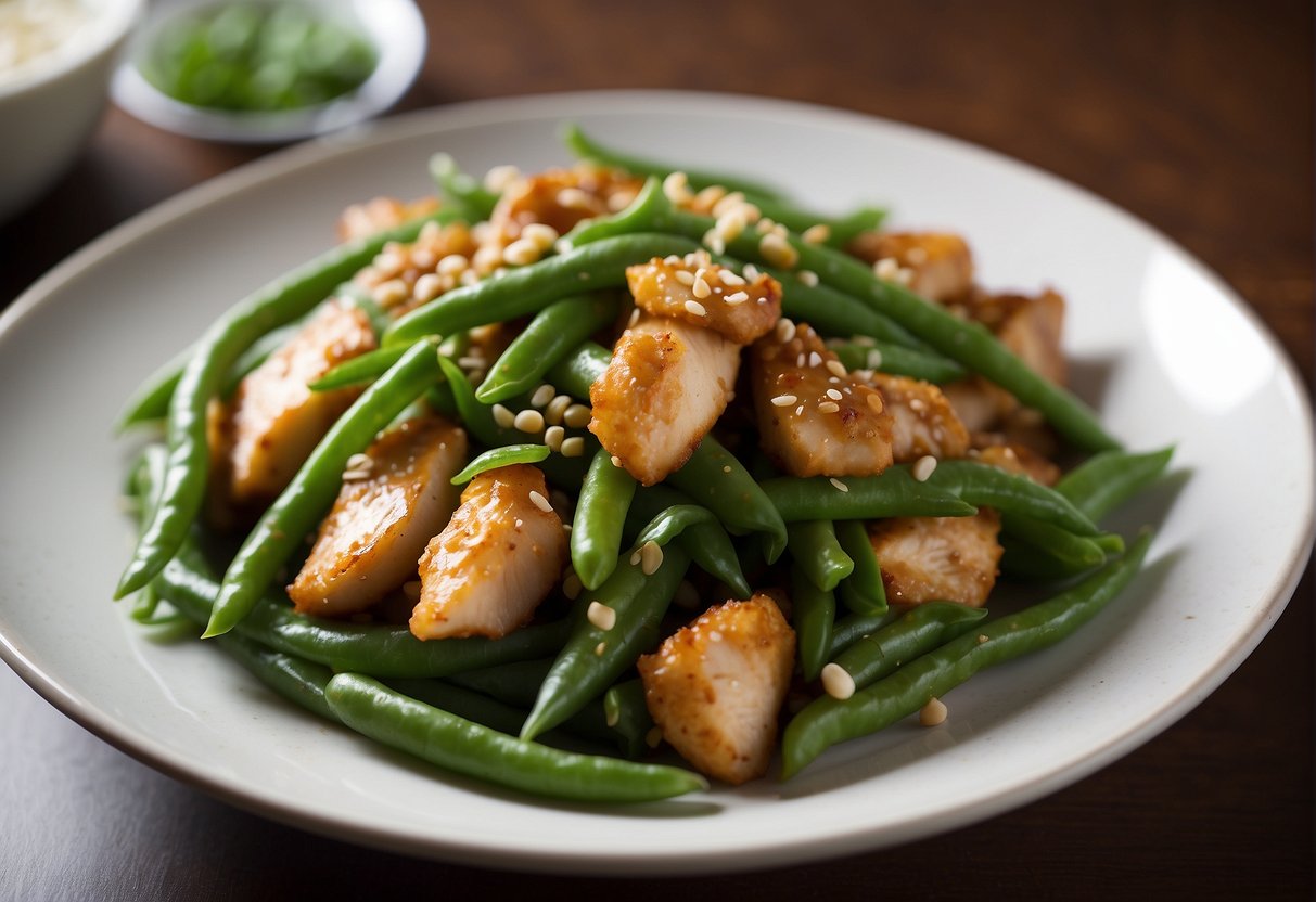 A plate of string bean chicken is arranged with precision, garnished with sesame seeds, and served on a white ceramic dish