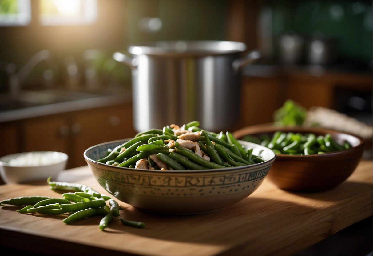 A bowl of string bean chicken sits on a kitchen counter next to a container of leftovers. The steam rises from the dish, and the vibrant green beans and tender chicken pieces glisten in the light