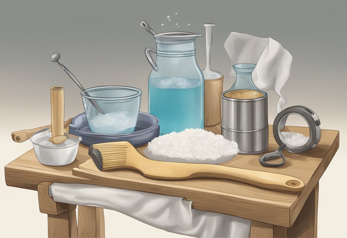 A table with safety goggles, gloves, and apron. Lard, lye, water, and mixing tools laid out. Instruction booklet open to "How to Make Soap with Lard."