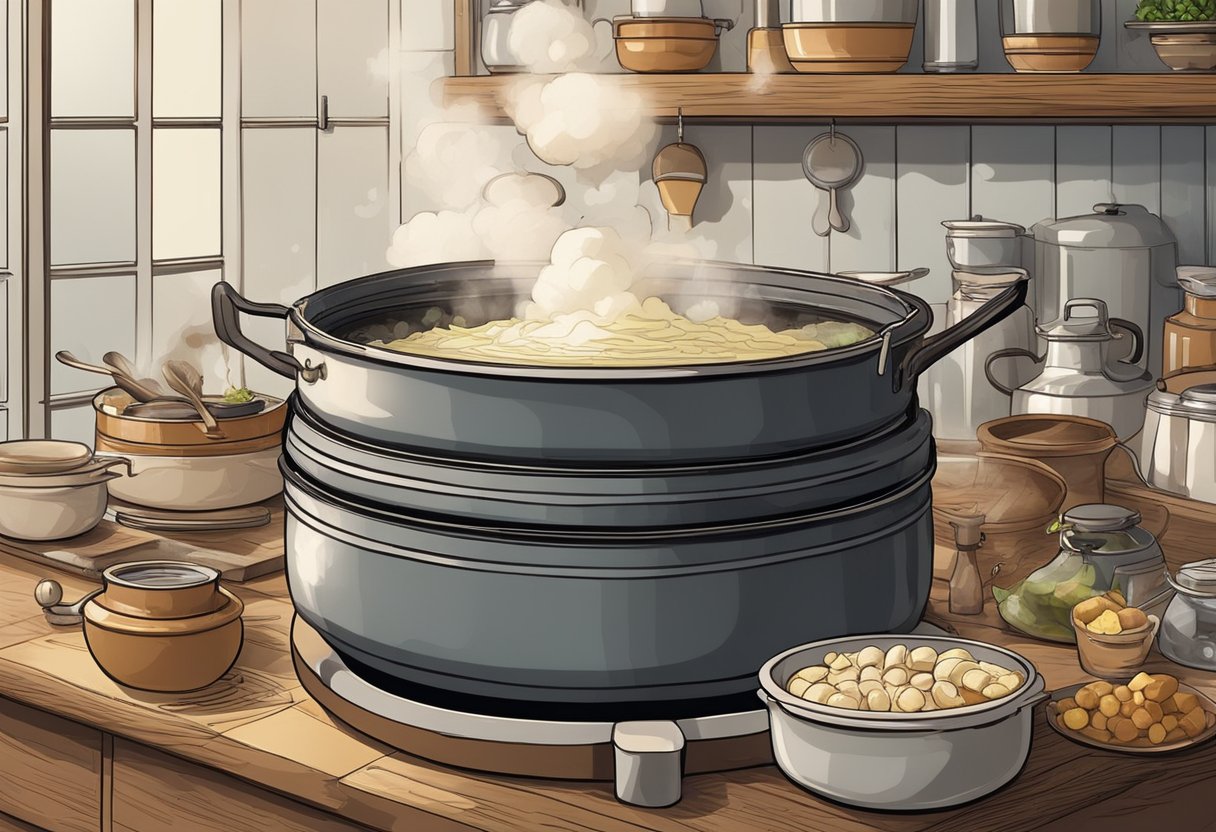 A large pot sits on a stove, filled with melted lard and other ingredients. A wooden spoon stirs the mixture as steam rises. Ingredients and equipment are neatly arranged on the counter