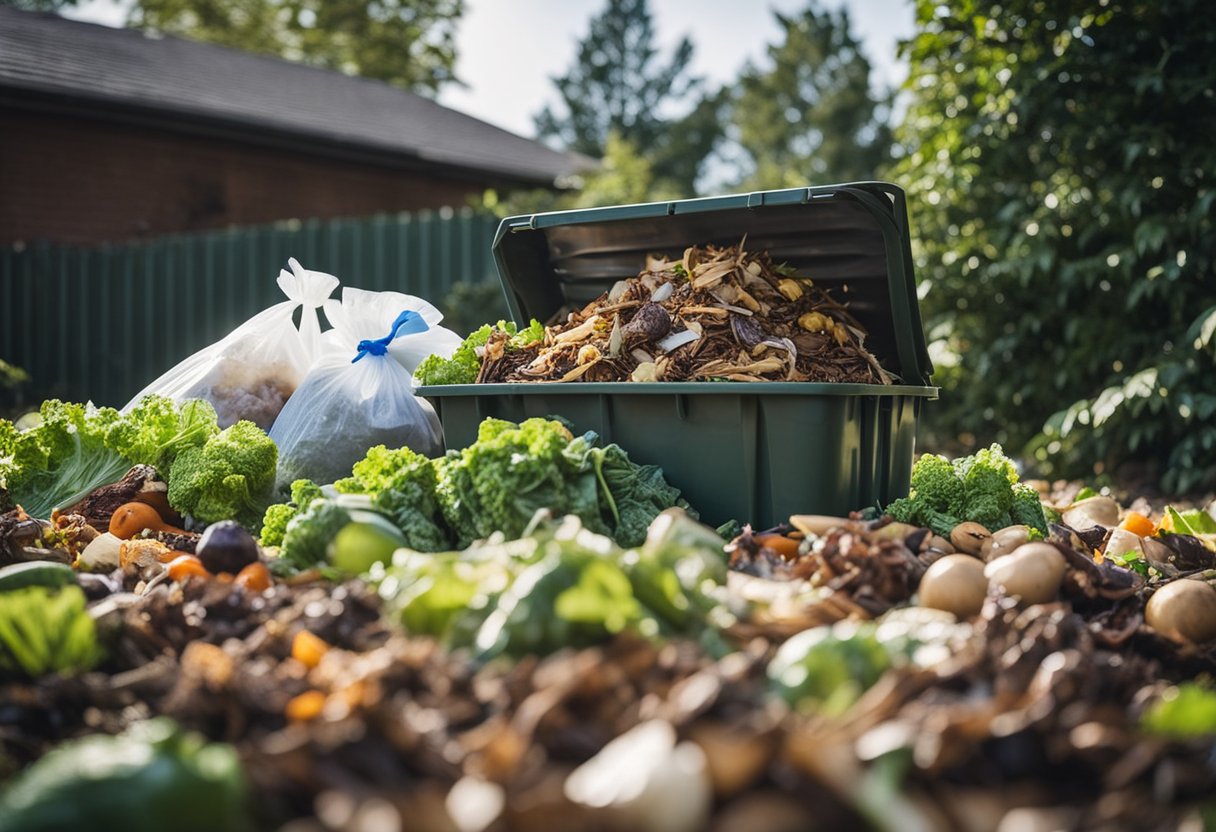 Food scraps and yard waste pile up in a compost bin, while plastic bags and containers overflow a garbage disposal unit