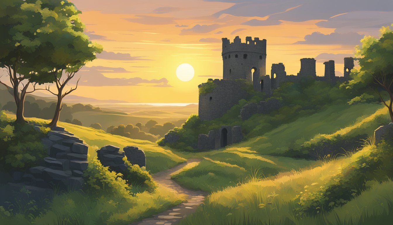 The sun sets behind the ruins of an ancient castle, nestled in the rolling hills of County Antrim. A winding path leads through overgrown vegetation, hinting at the hidden history waiting to be discovered