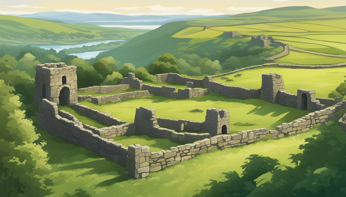 The early settlements of County Antrim are depicted with ancient stone ruins surrounded by lush greenery and rolling hills