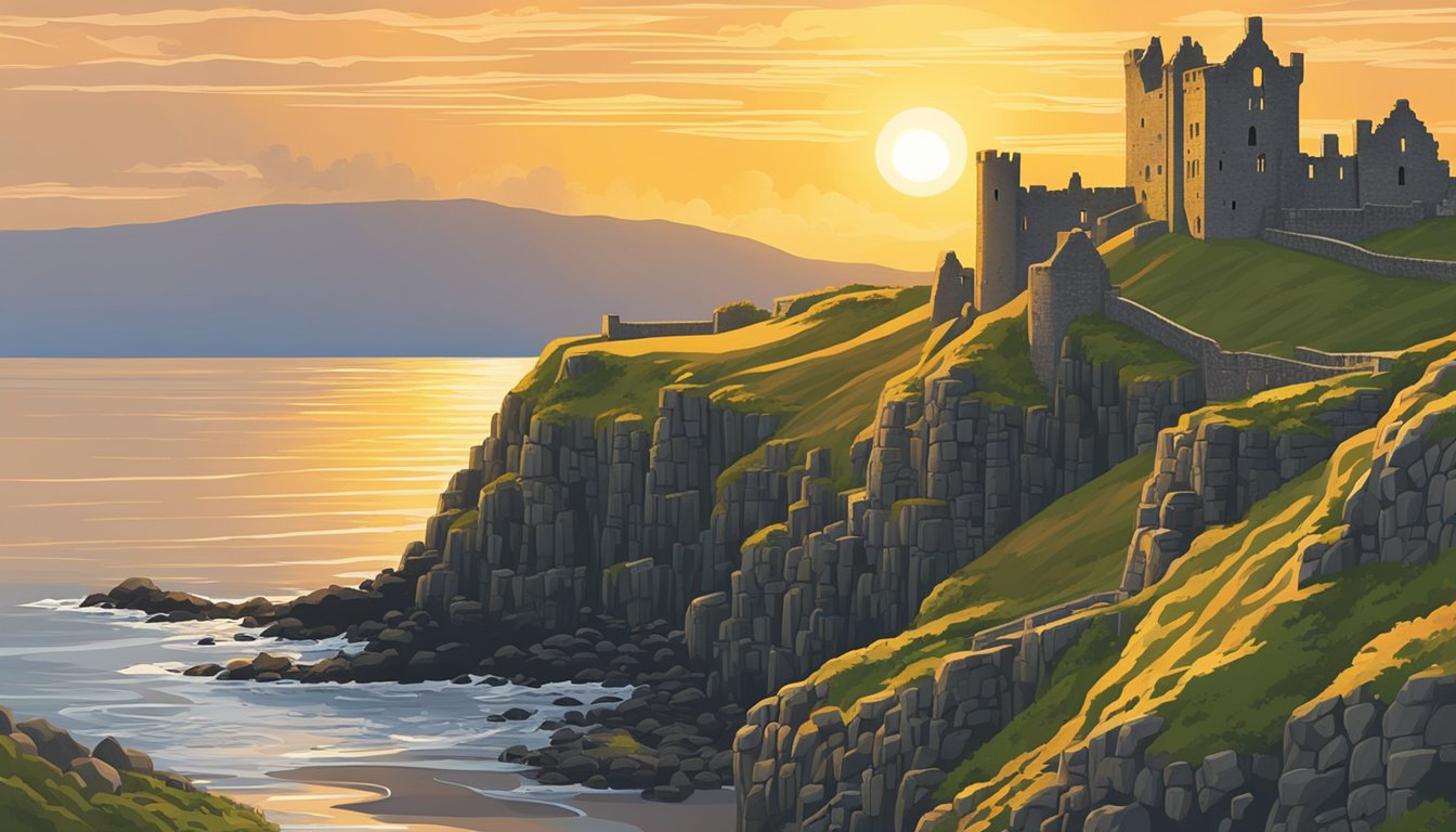 The sun sets behind the ancient stone walls of Dunluce Castle, casting a warm glow over the rugged coastline of County Antrim. The castle stands tall and imposing, a testament to the power and resilience of medieval strongholds