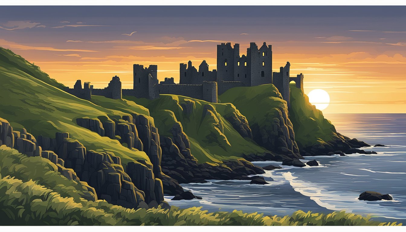 The sun sets behind the ancient ruins of Dunluce Castle, its weathered stone walls standing tall against the backdrop of the rugged Antrim coastline. Nearby, the mysterious Dark Hedges create an eerie and enchanting atmosphere, their twisted branches forming a