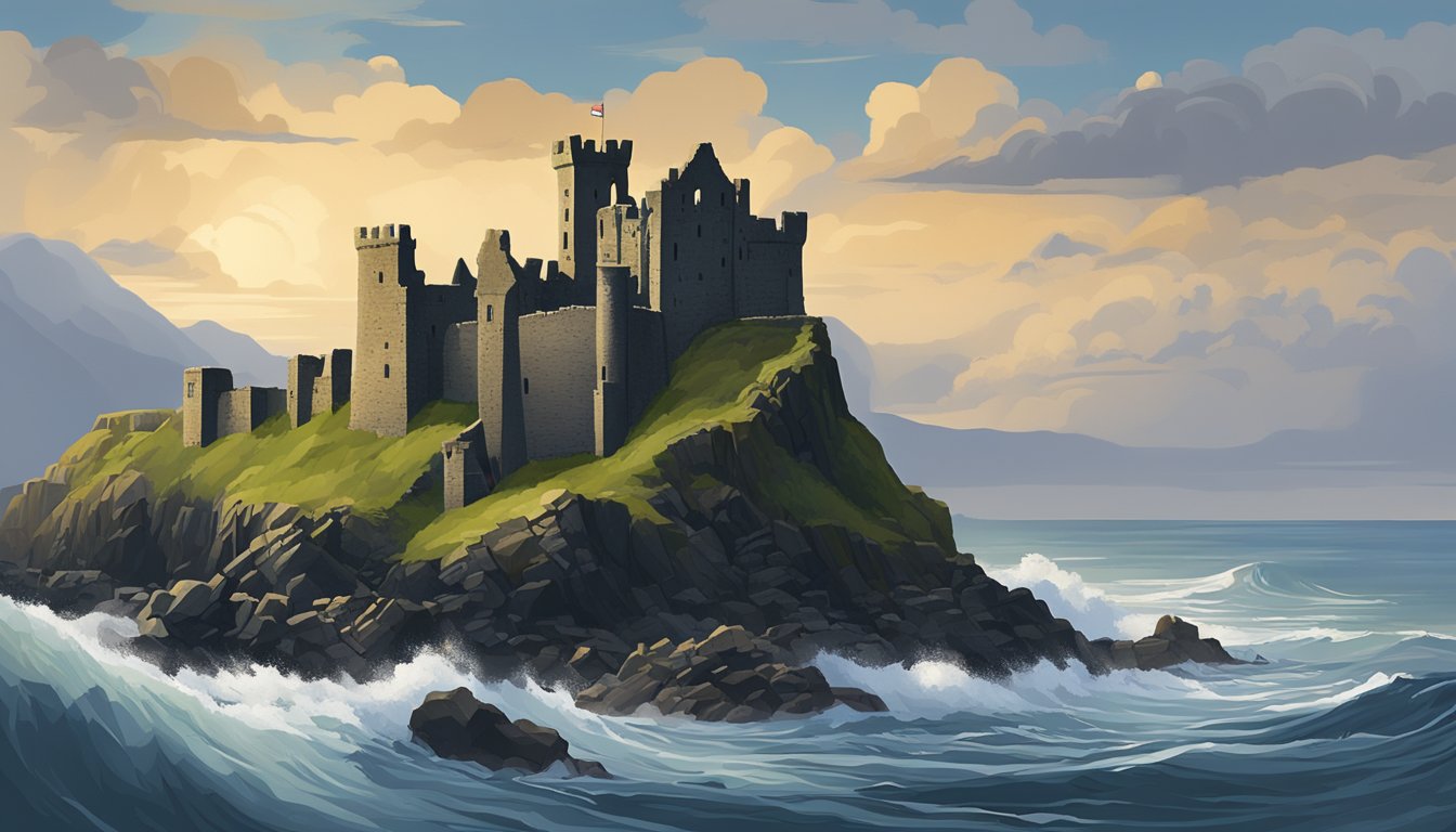 The ancient ruins of Dunluce Castle stand perched on a dramatic cliff overlooking the crashing waves of the North Atlantic Ocean. The castle's weathered stone walls and turrets evoke a sense of mystery and history