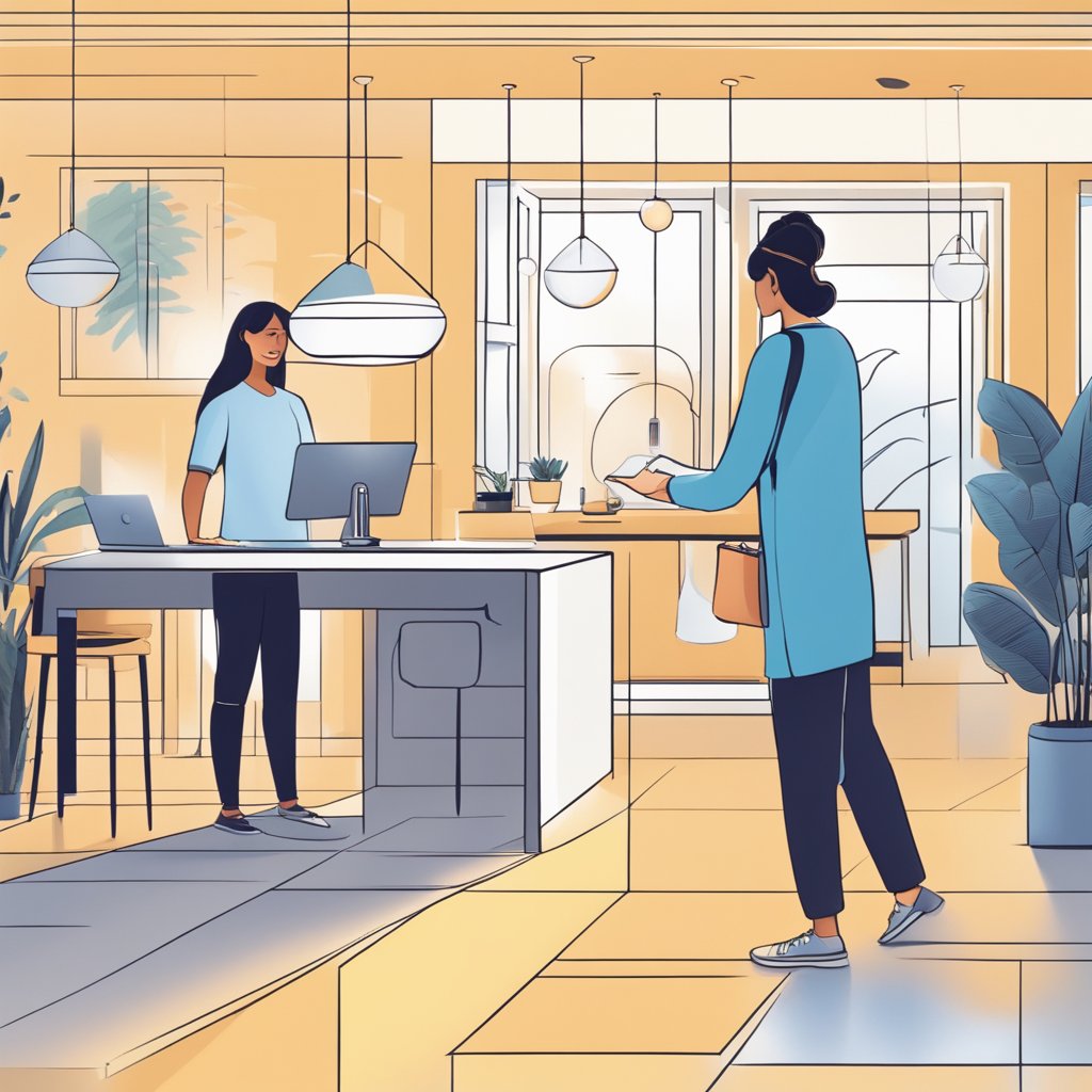 A smart home device adjusts lighting and temperature as a customer enters, while a virtual assistant schedules personalized service appointments