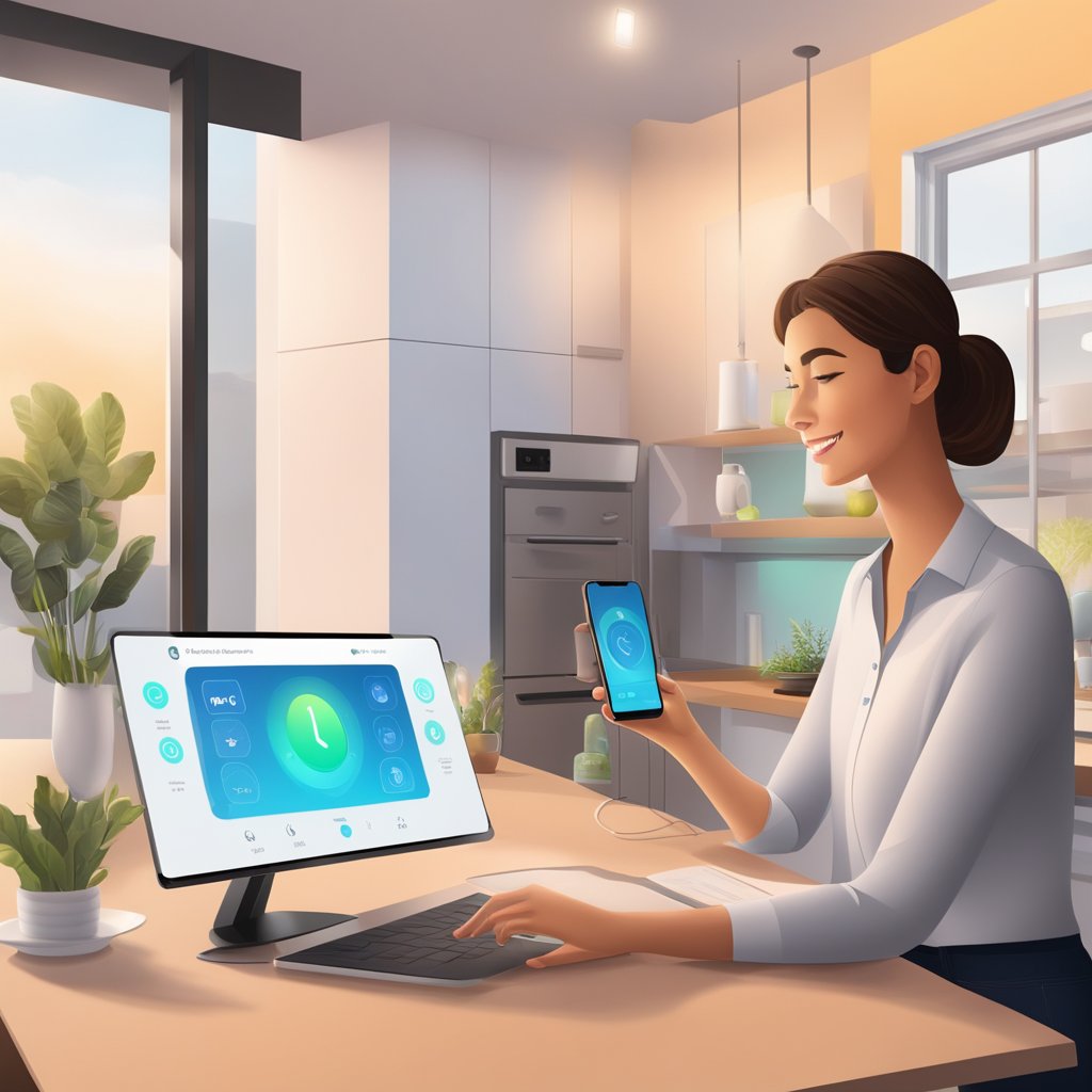 A smart home device adjusts lighting and temperature as a customer enters, while a virtual assistant schedules personalized service appointments