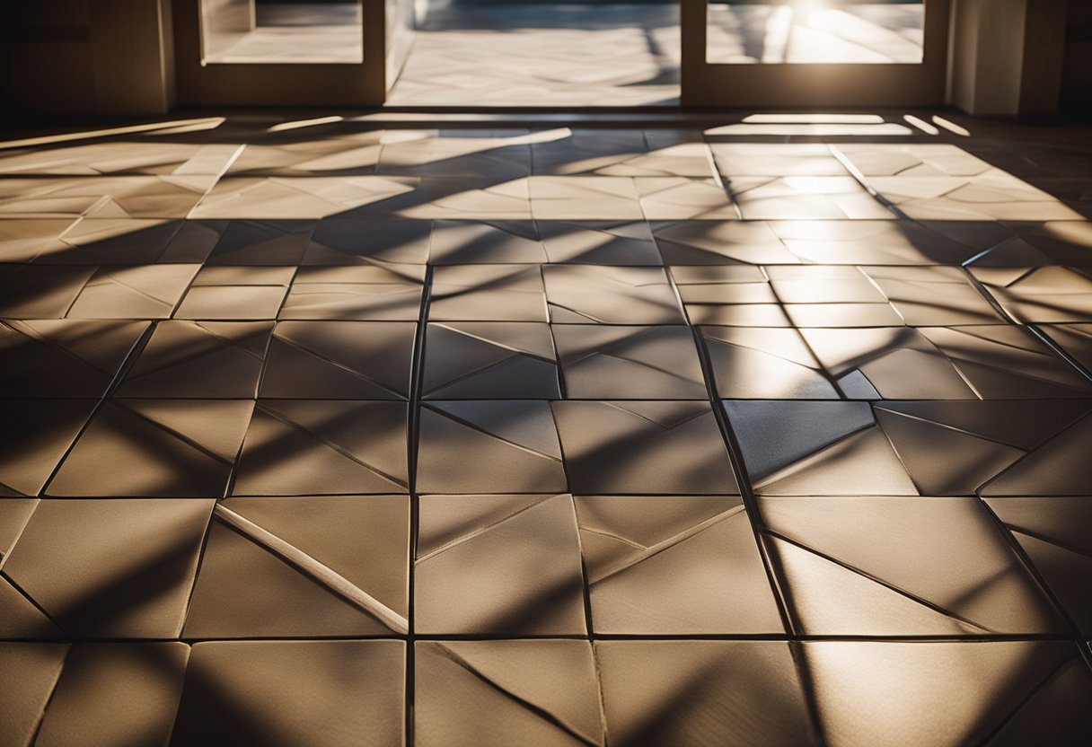 Sunlight streams through a window, casting warm, dappled patterns on a floor adorned with organic stone tiles. The natural variations in color and texture create a serene and inviting atmosphere, perfect for a tranquil Australian retreat