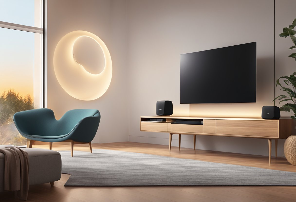 A Sonos Five speaker sits on a sleek modern stand, emitting powerful sound waves. The room is filled with warm, ambient lighting, creating a cozy atmosphere