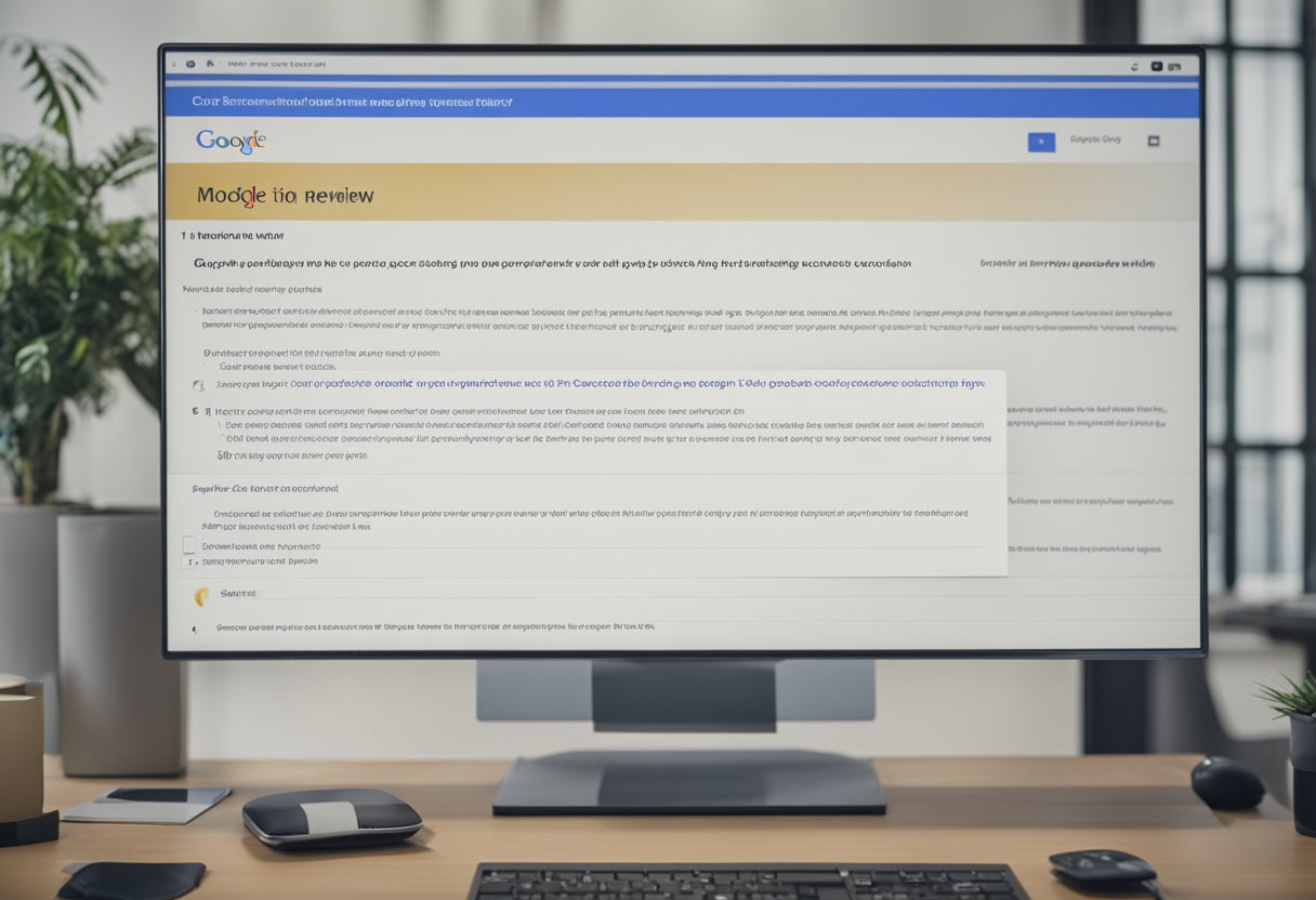 A computer screen displaying Google's review moderation process with a list of FAQs and a cursor clicking on a question