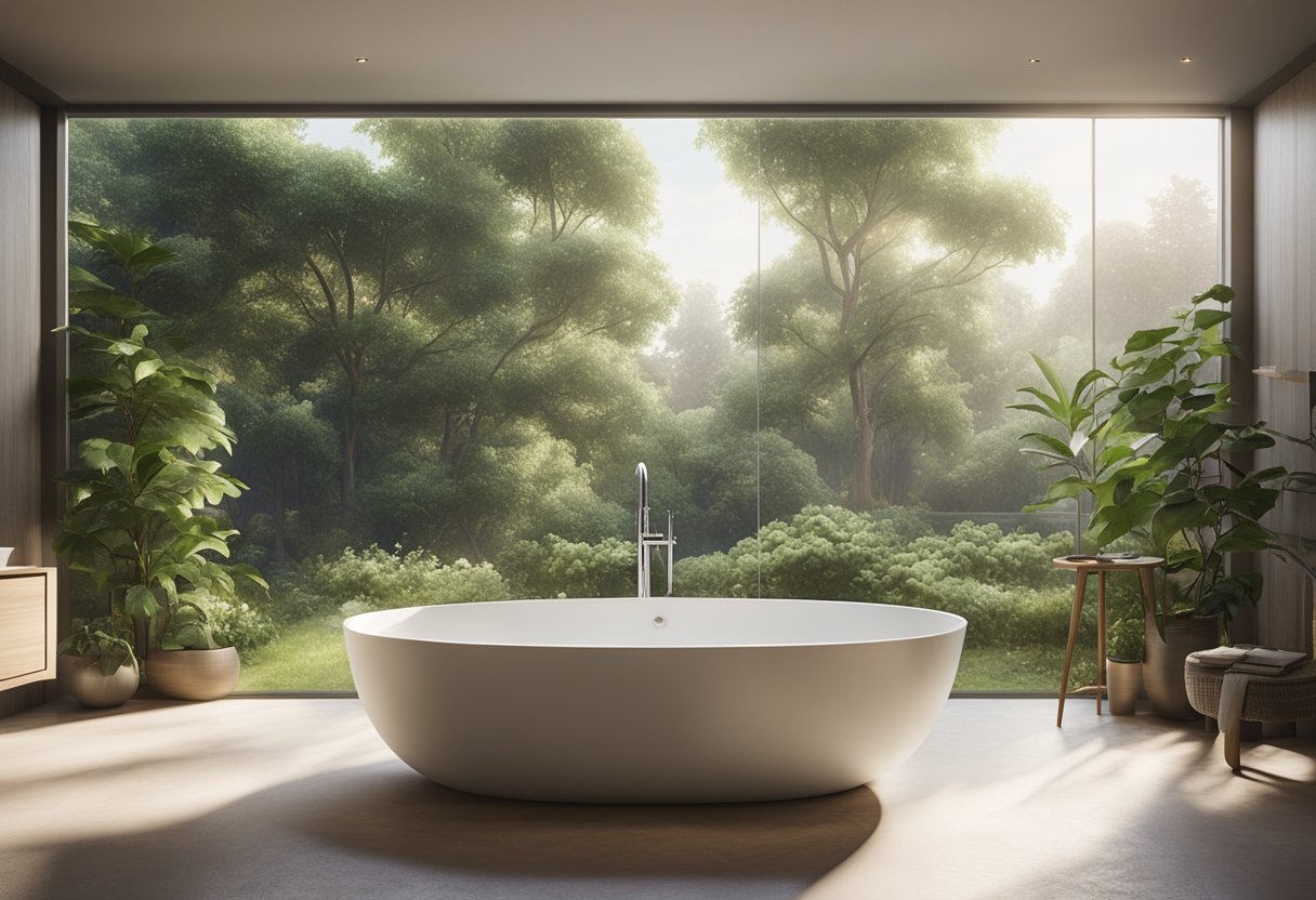 A serene bathroom with a freestanding tub, lush green plants, and a large window overlooking a peaceful garden