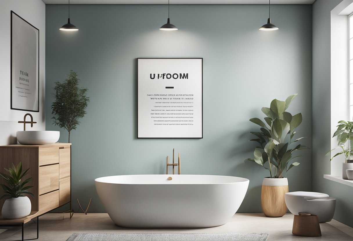 A bathroom wall with FAQ canvas art, featuring simple, modern typography and calming colors, surrounded by minimalist decor