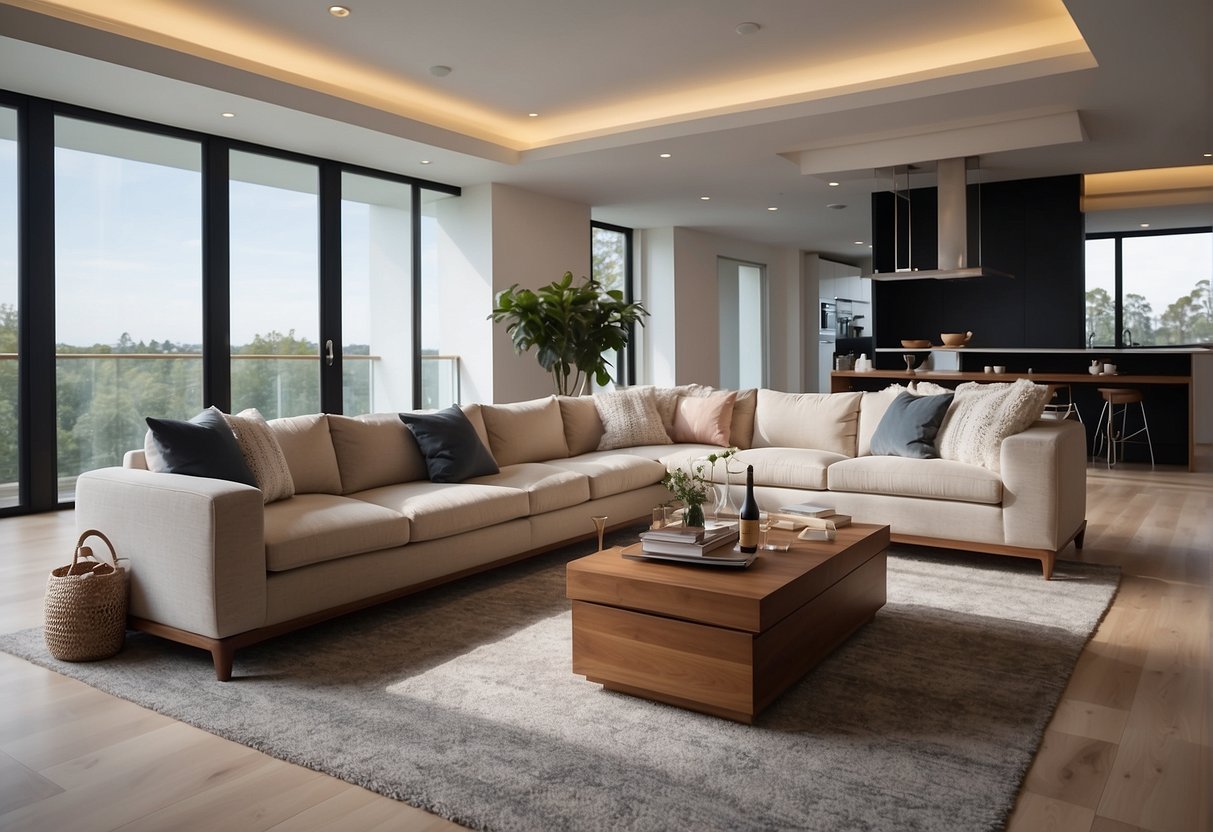 A spacious living room with a large, well-proportioned sofa as the focal point. The sofa should be the right size for the room, creating a balanced and inviting atmosphere