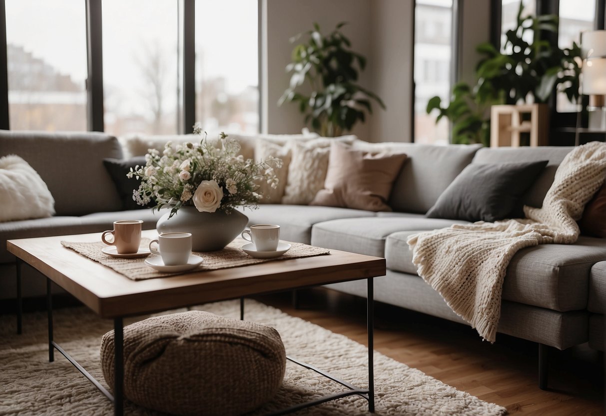A cozy living room with a stylish sofa, adorned with decorative pillows and a soft throw blanket. A modern coffee table sits in front, with a warm rug underneath