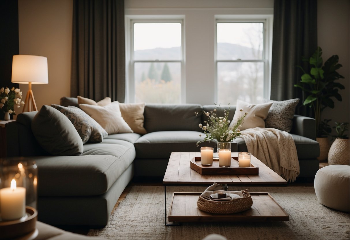 A cozy living room with a comfortable sofa, coffee table, and soft lighting