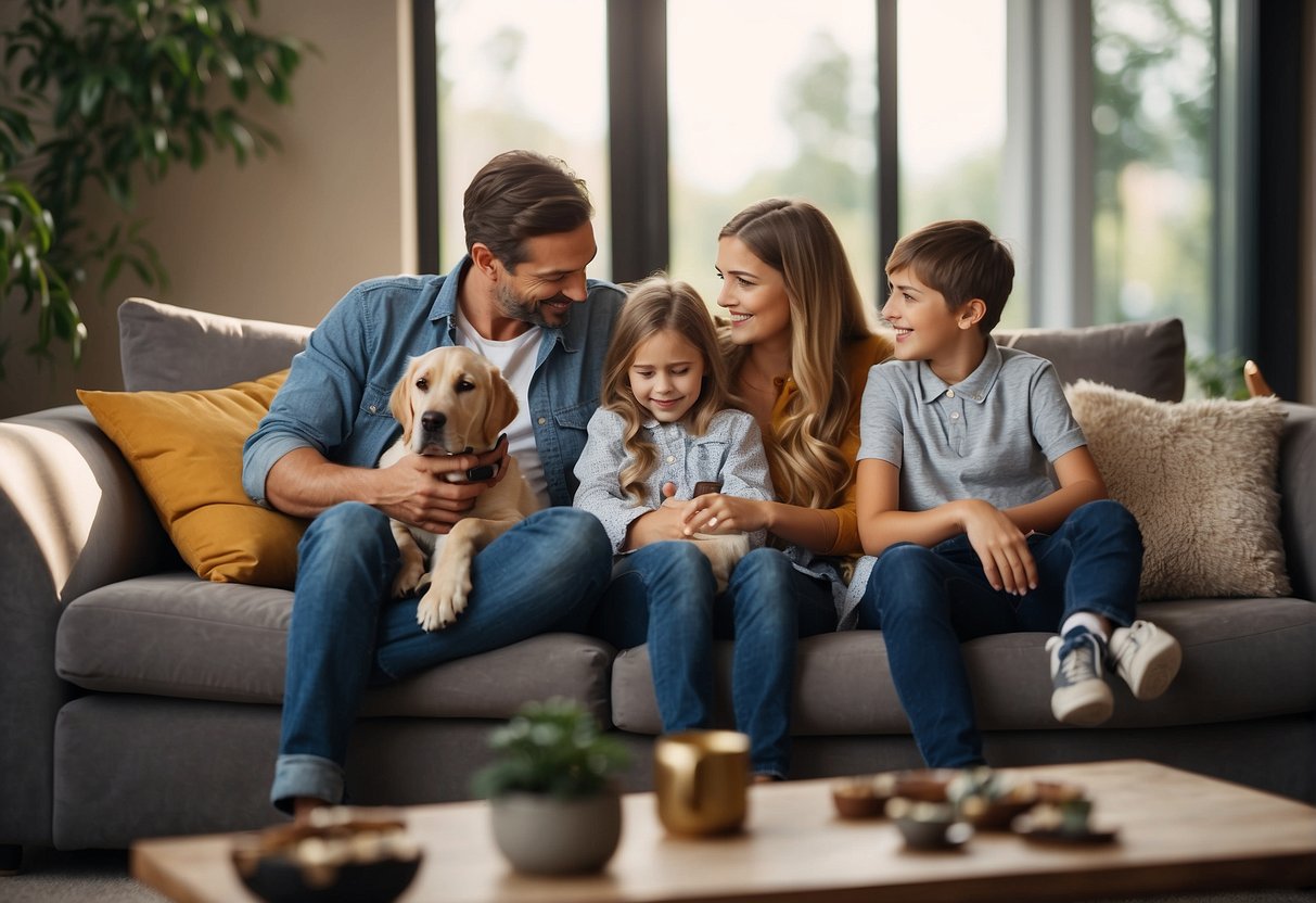A family with children and pets choosing a living room sofa