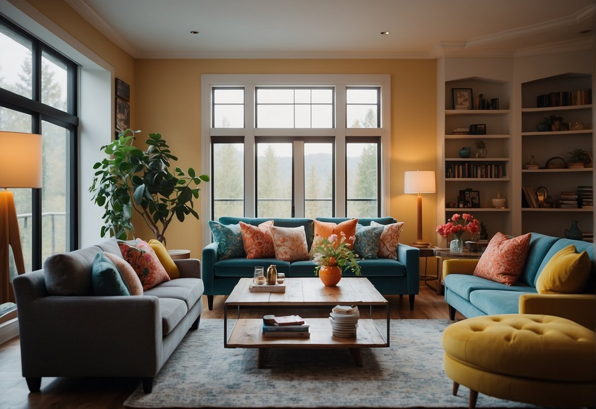 A cozy living room with a colorful influence, featuring a selection of comfortable sofas and vibrant decor