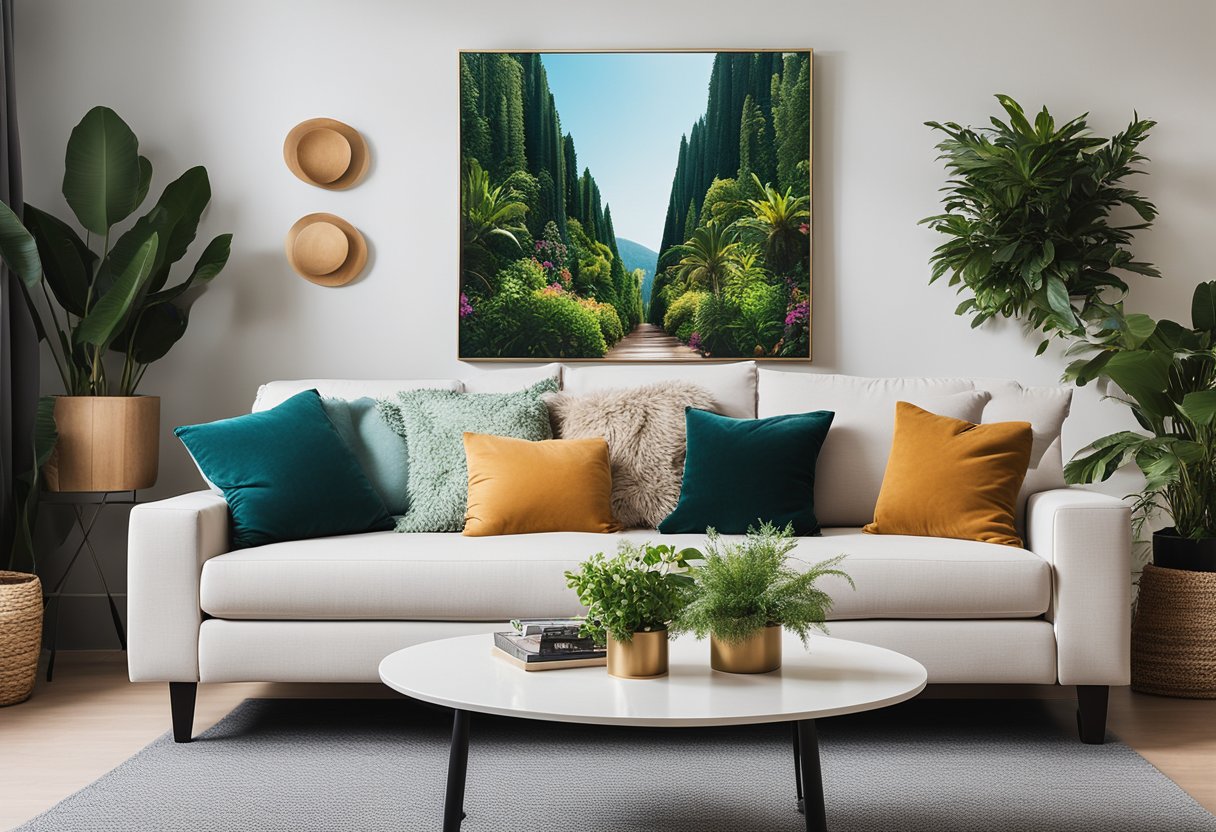 A cozy living room with a large, empty wall space. A modern sofa and coffee table sit in the center, surrounded by plants and decorative accents. The wall is adorned with a vibrant canvas art piece, adding color and personality to the room