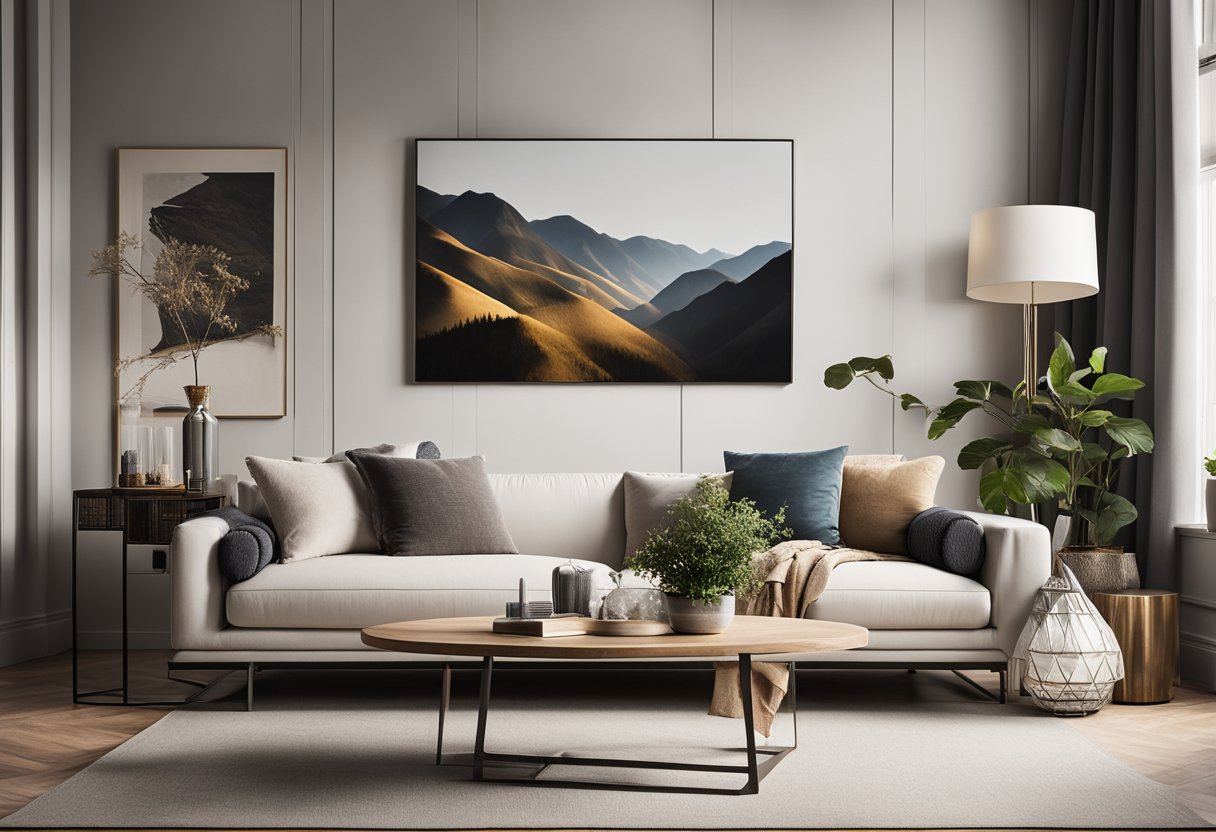 A cozy living room with modern furniture, neutral colors, and large windows. The walls are adorned with abstract canvas art in various sizes and designs, adding a trendy and artistic vibe to the space