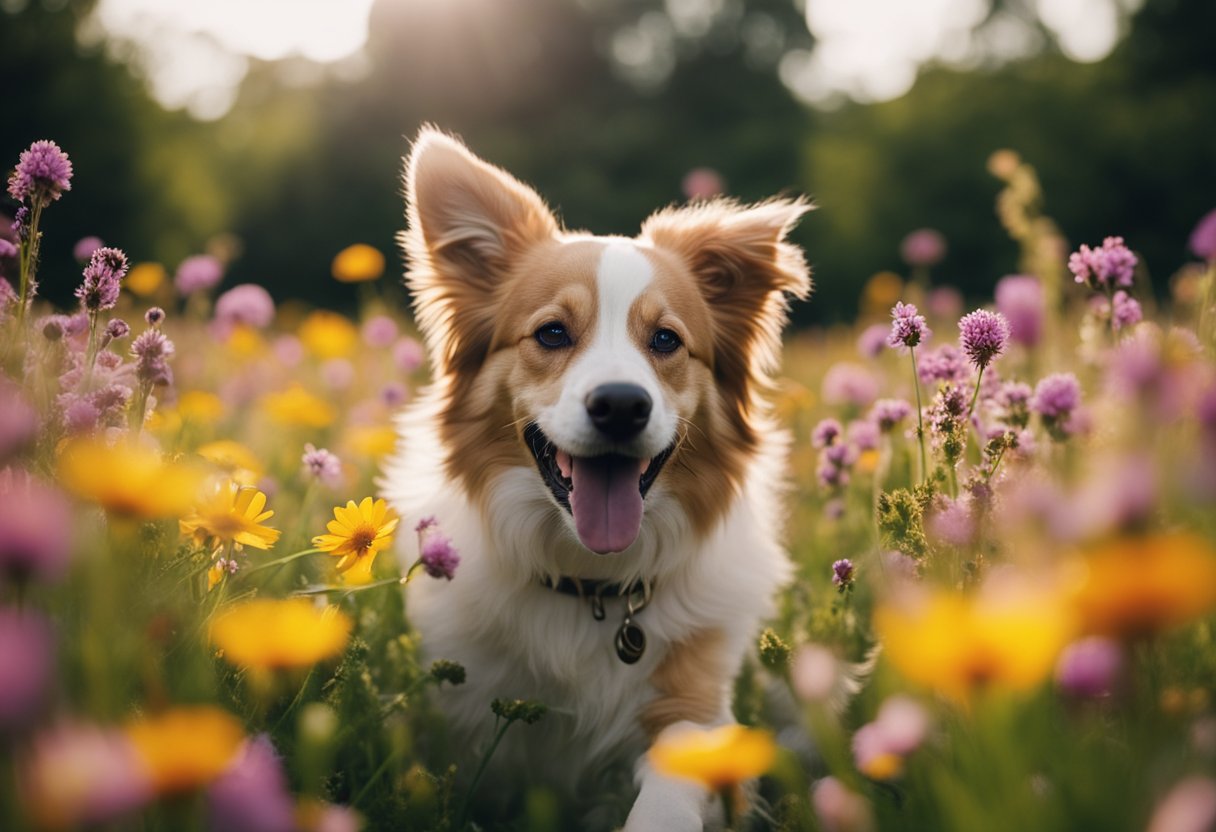 A group of playful dogs romp through a vibrant field of flowers, their tails wagging and tongues lolling with joy