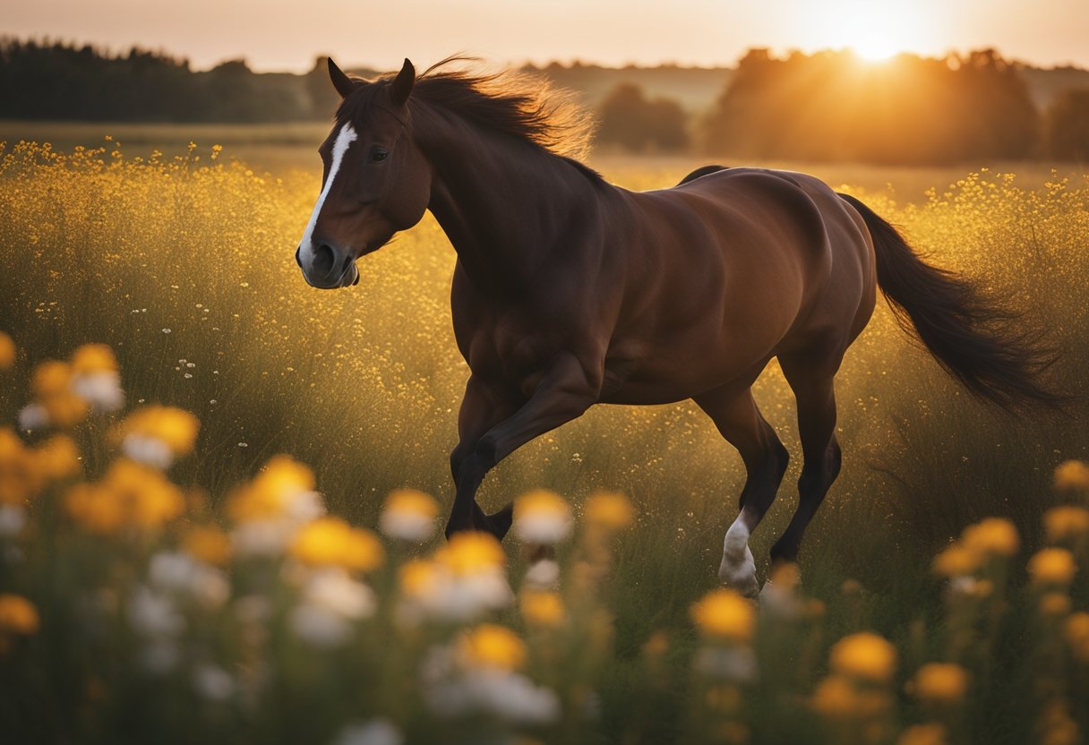 A majestic horse galloping through a field of wildflowers under a golden sunset