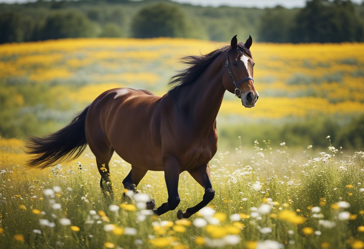 A majestic horse galloping through a field of wildflowers under a bright, blue sky