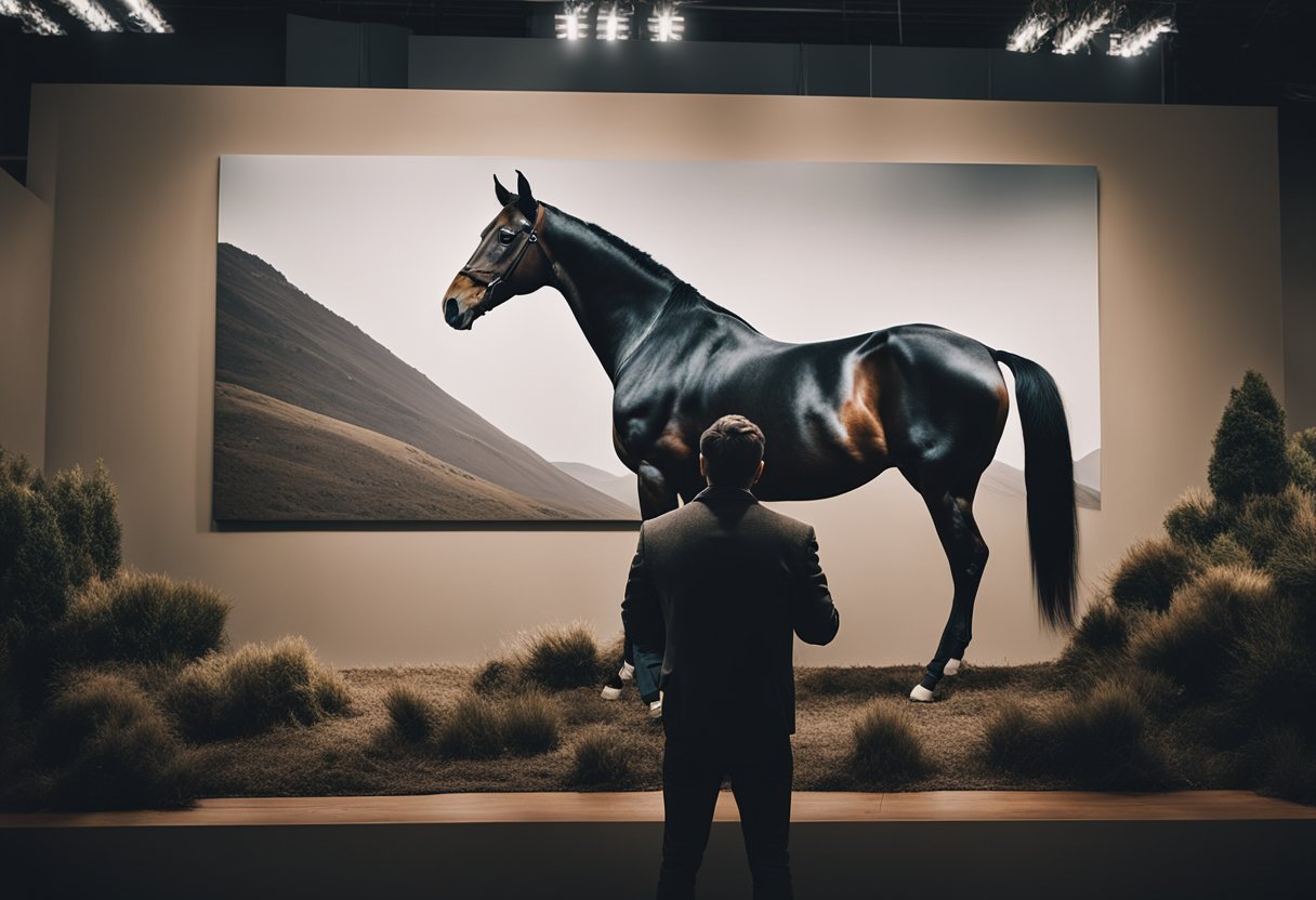 A person carefully choosing a horse-themed canvas from a collection of wall art