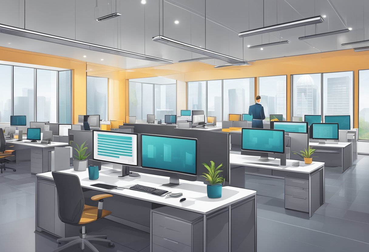 A well-organized office setup with computer screens on each desk.