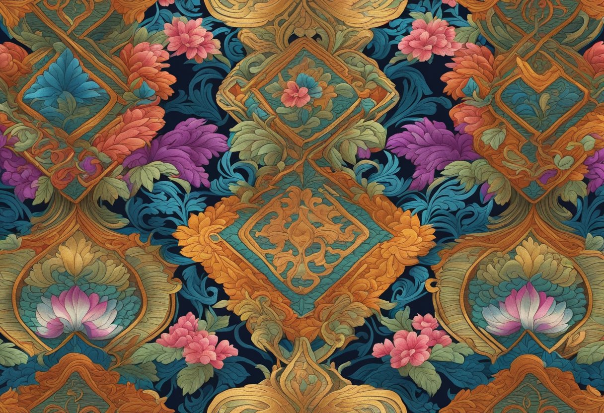 A close-up of a luxurious silk brocade fabric with intricate Kesi weaving, showcasing its rich texture and vibrant colors