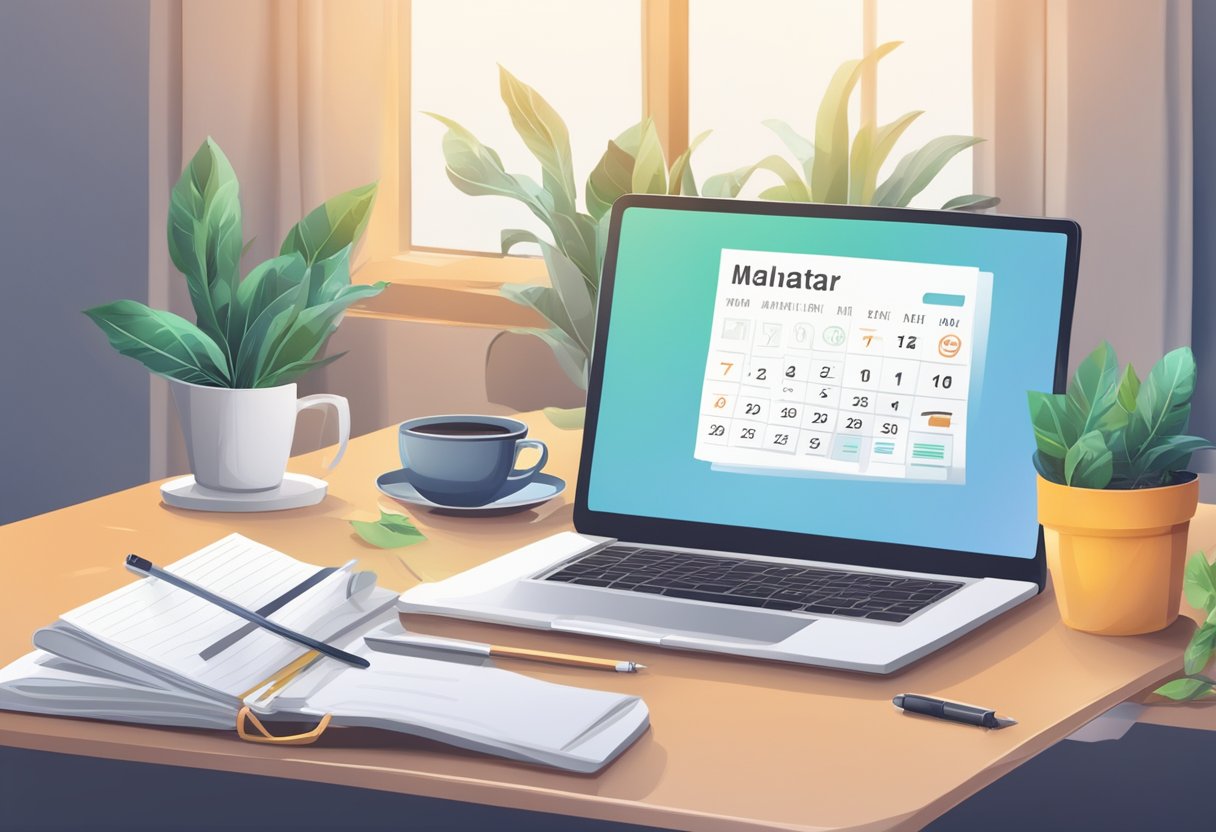 A desk with a laptop, notebook, and pen. A stack of books on affiliate marketing. A calendar with important dates circled. A cup of coffee and a plant on the side