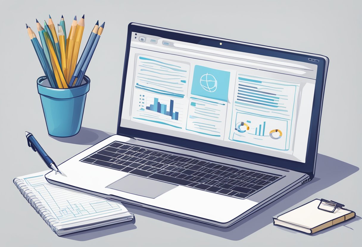 A computer screen displaying a step-by-step guide on SEO affiliate marketing, with a notebook and pen beside it for taking notes