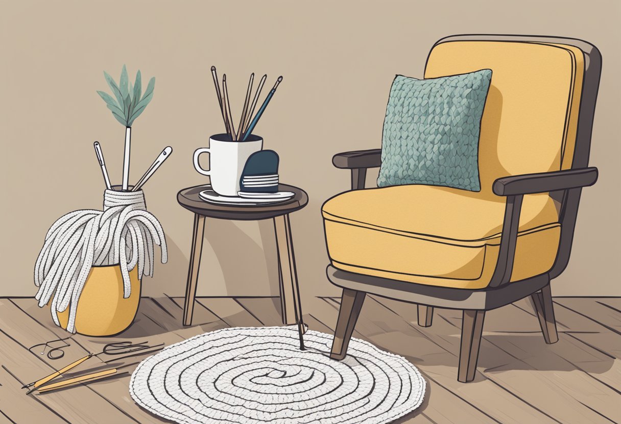 A table with yarn, needles, and crochet hooks. A pattern book open to a beginner project. A cozy chair and a cup of tea nearby