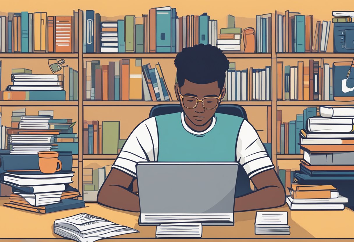 A student sits at a desk surrounded by paperwork, researching financial aid and scholarship options for college. Books and a laptop are open, as the student takes notes and makes plans for their future education