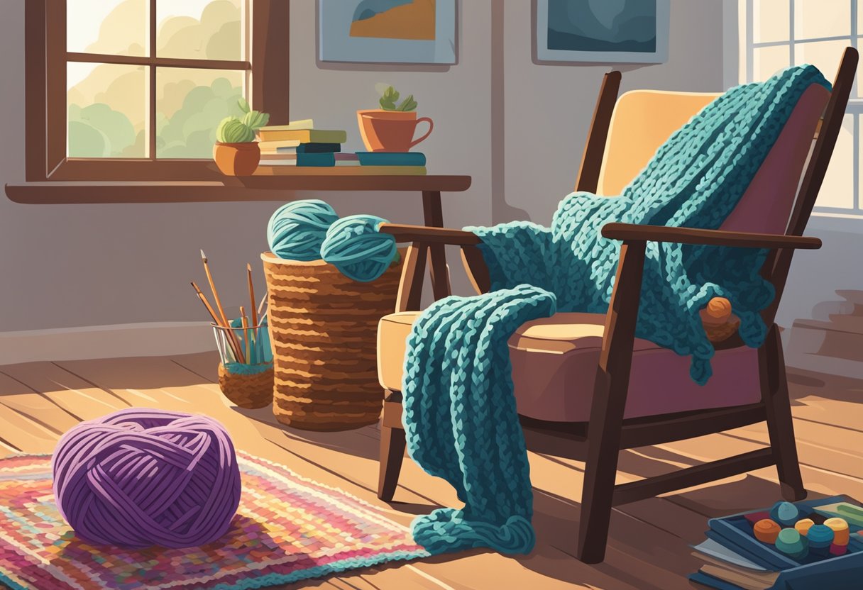 A cozy living room with a comfortable armchair and a basket of colorful yarn, knitting needles, and crochet hooks on a wooden table. A beginner's knitting/crocheting book is open, showing basic stitches