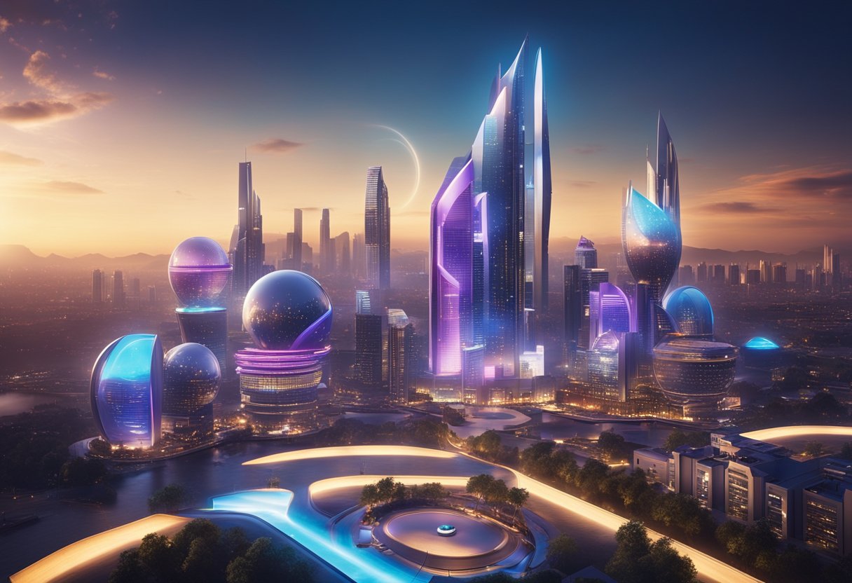 A vibrant, futuristic cityscape with sleek, modern casino buildings and dazzling lights, set against a backdrop of a technologically advanced skyline