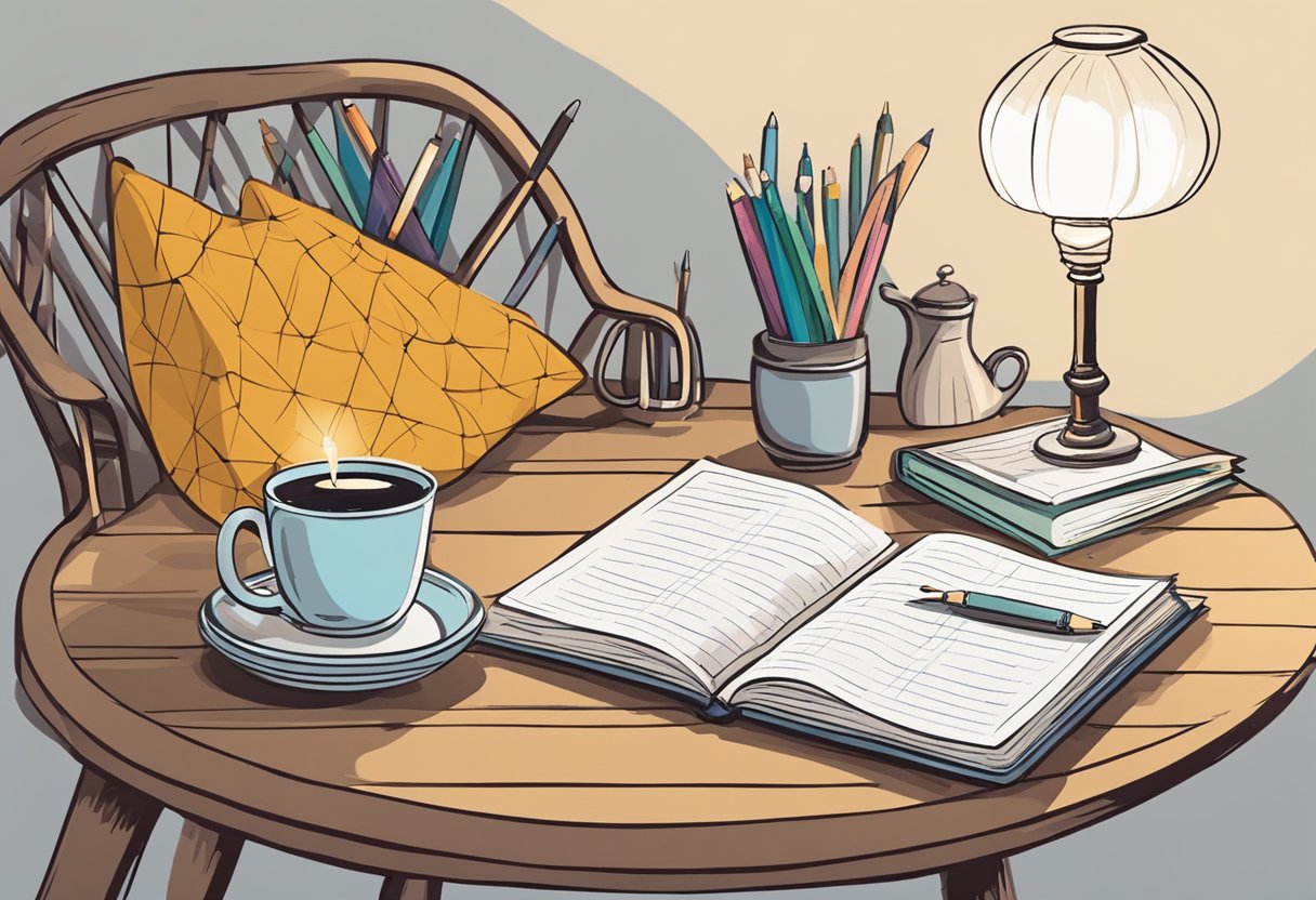 A table with yarn, needles, and pattern books. A cozy chair and a lamp for good lighting. A cup of tea and a notebook for jotting down ideas