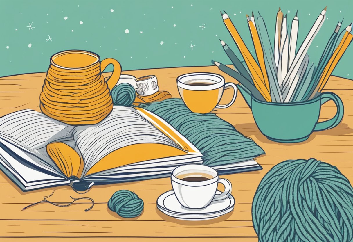 A table with yarn, needles, and a pattern book. A person's hands knitting or crocheting. A cozy chair and a cup of tea