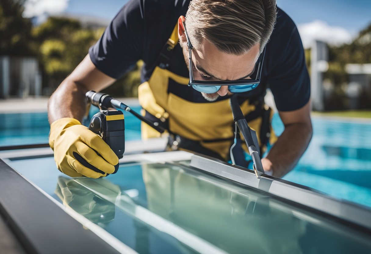 A professional installer measures and secures glass panels around a pool area in New Zealand, using specialized tools and equipment