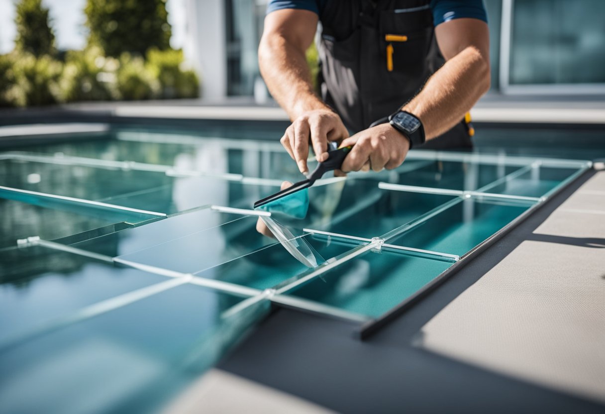 A professional installer measures and cuts glass panels for a sleek pool fence, with tools and materials neatly arranged nearby