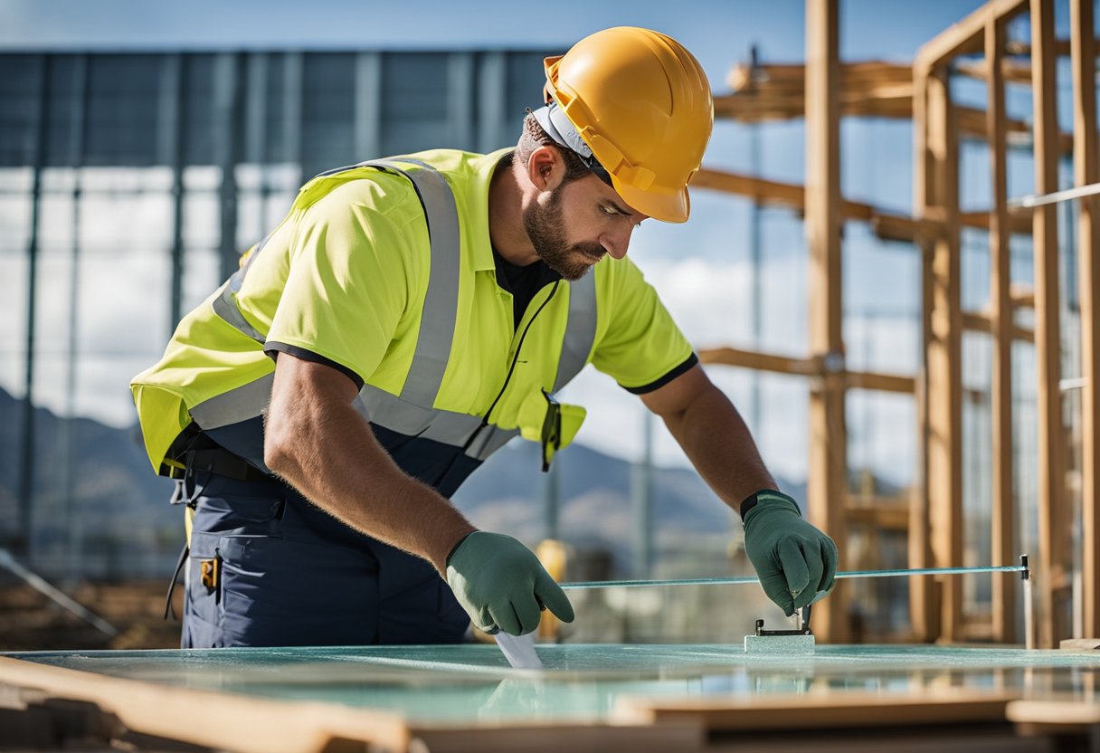 A worker measures and cuts glass panels for pool fencing installation in New Zealand. Materials and tools are scattered around the construction site