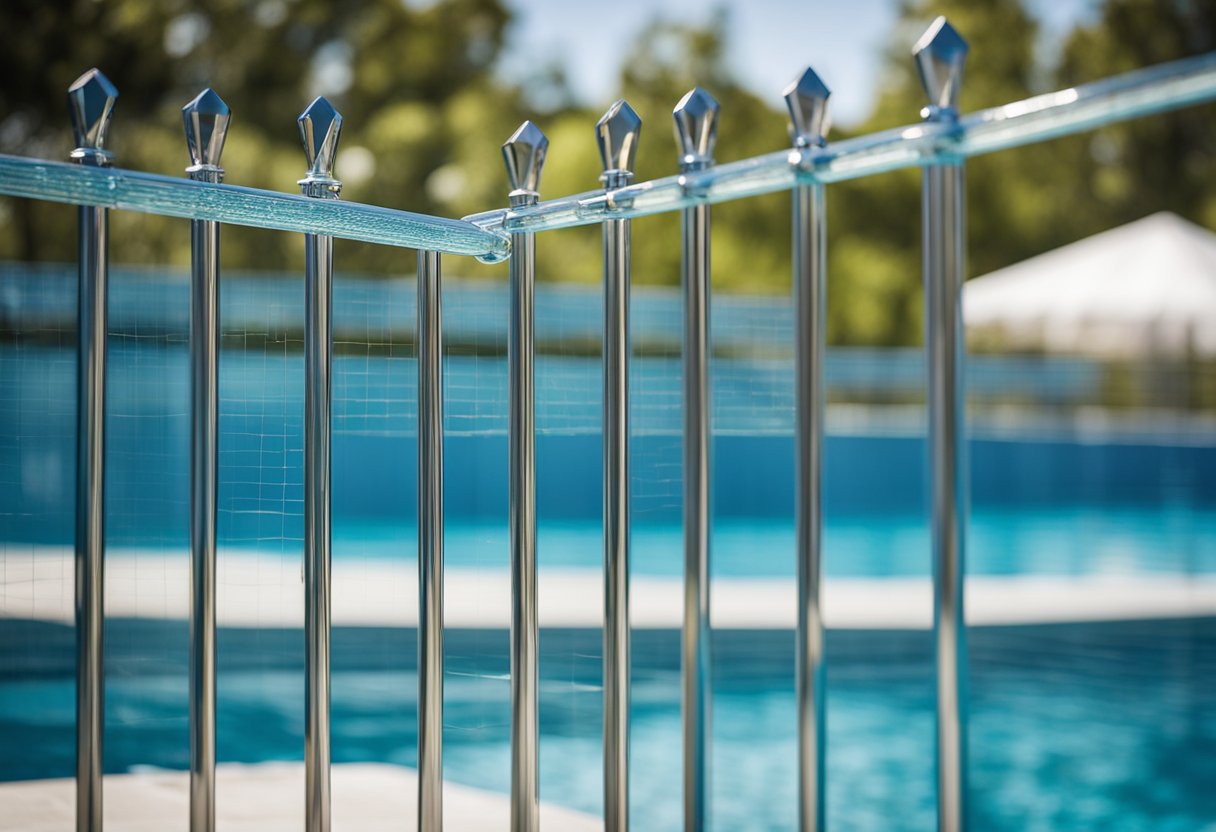 A child-proof glass pool fence surrounds a sparkling blue pool, meeting safety standards. A professional installer works on the fence, ensuring secure installation