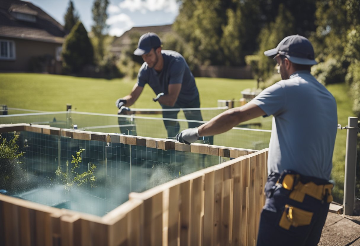 A worker installs glass pool fencing in a backyard. Tools and materials are scattered around the area. The fence panels are being carefully positioned and secured into place