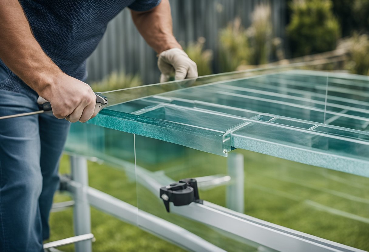 A worker measures and cuts glass panels for pool fencing installation in New Zealand, with tools and materials scattered around the site